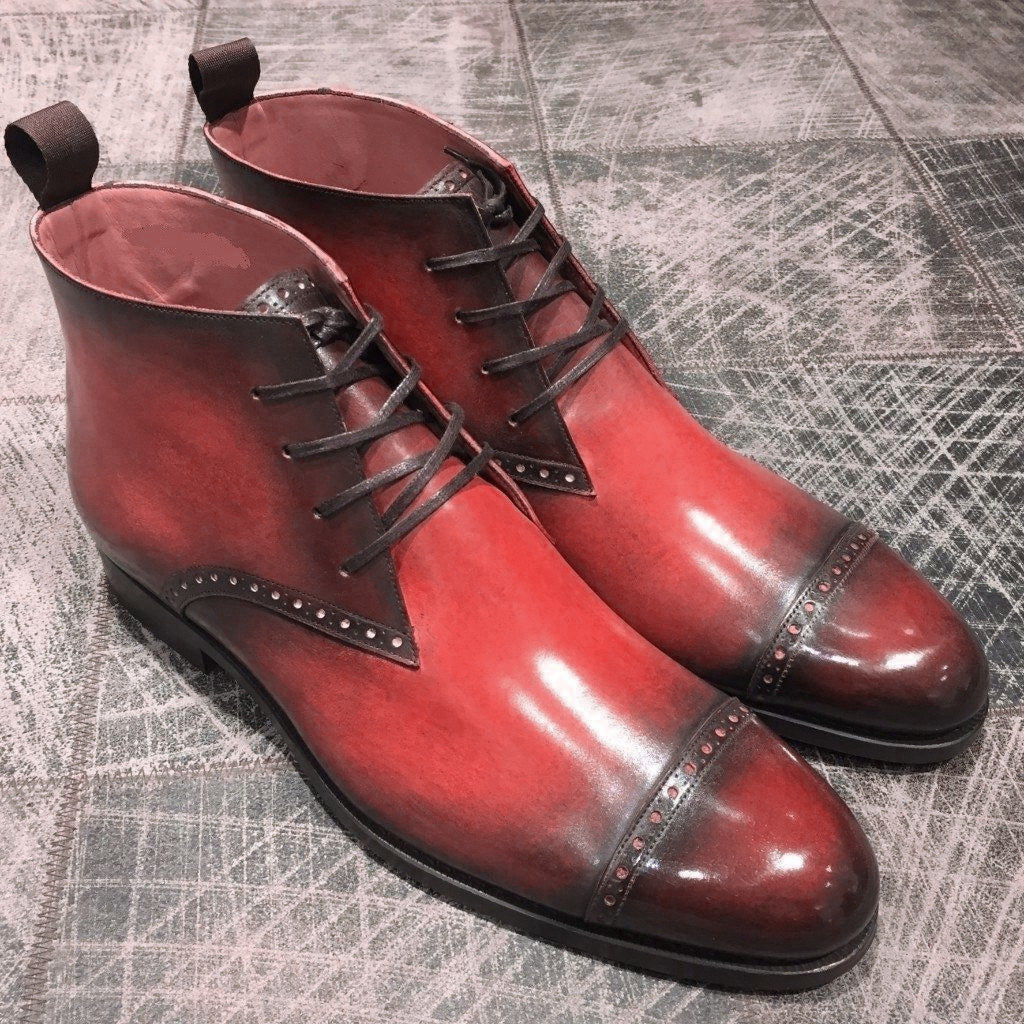 Chukka Lace Up Maroon Handcrafted Genuine Leather Burnished Cap Toe Men Boots