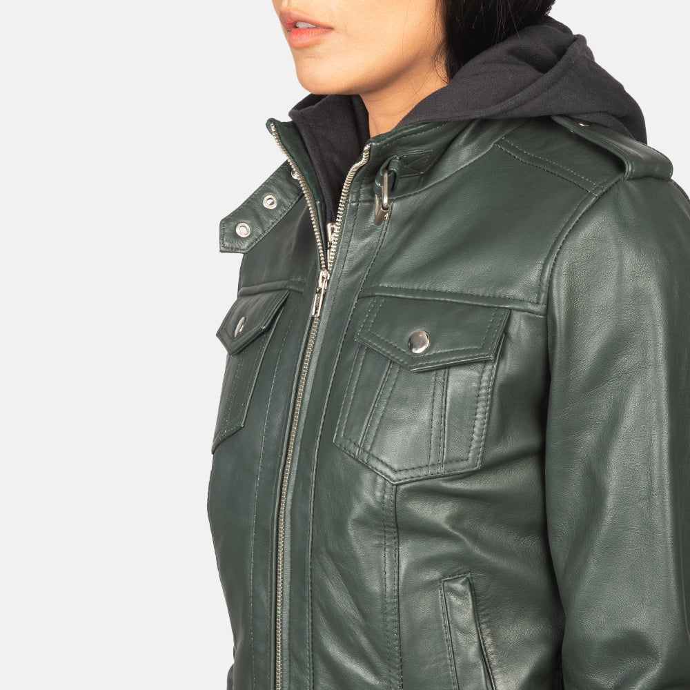 Roslyn Green Hooded Leather Bomber Jacket - Kualited