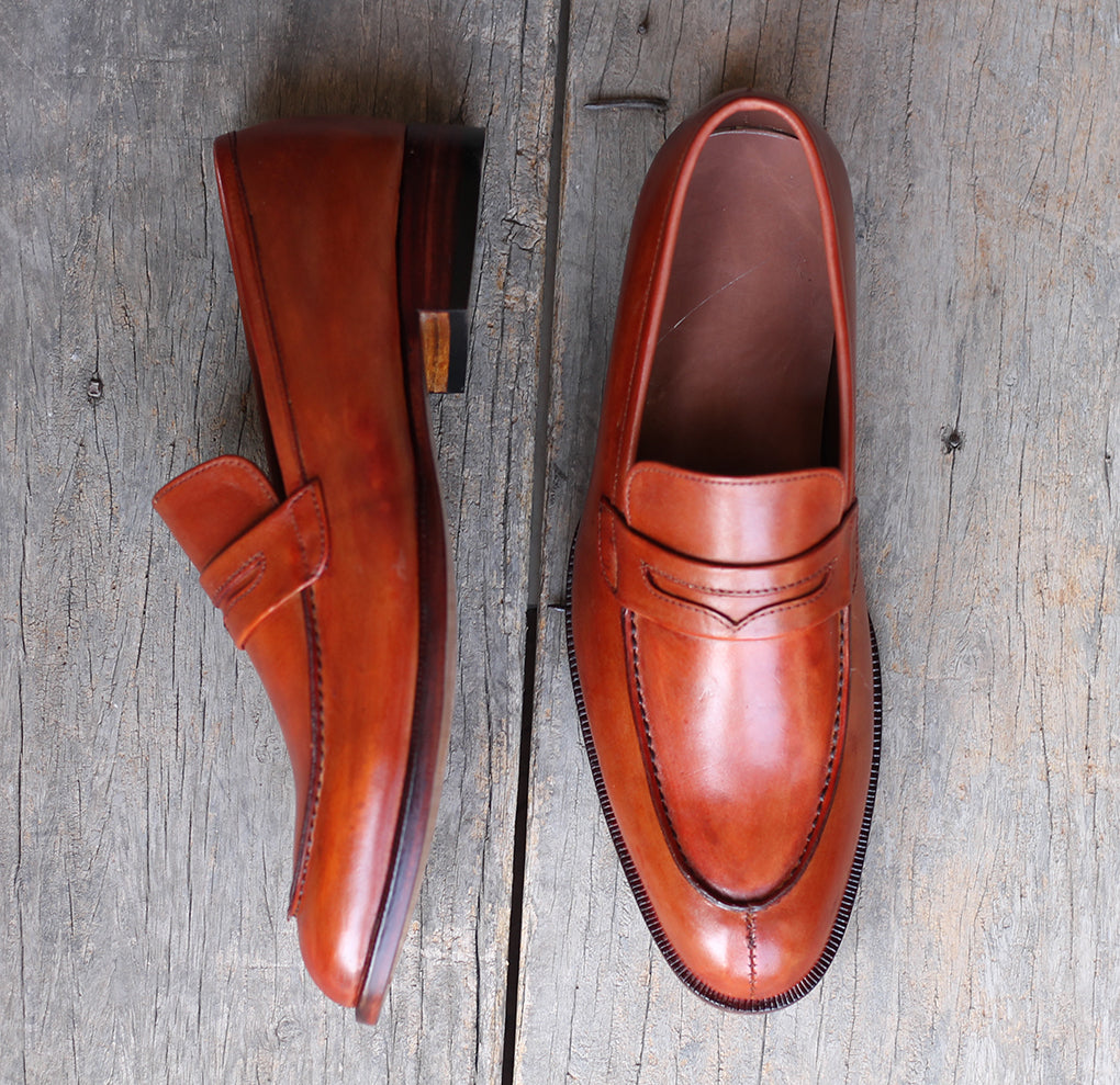 Handmade Men's Tan Leather Penny Loafer Shoes, Men Designer Formal Dress Shoes