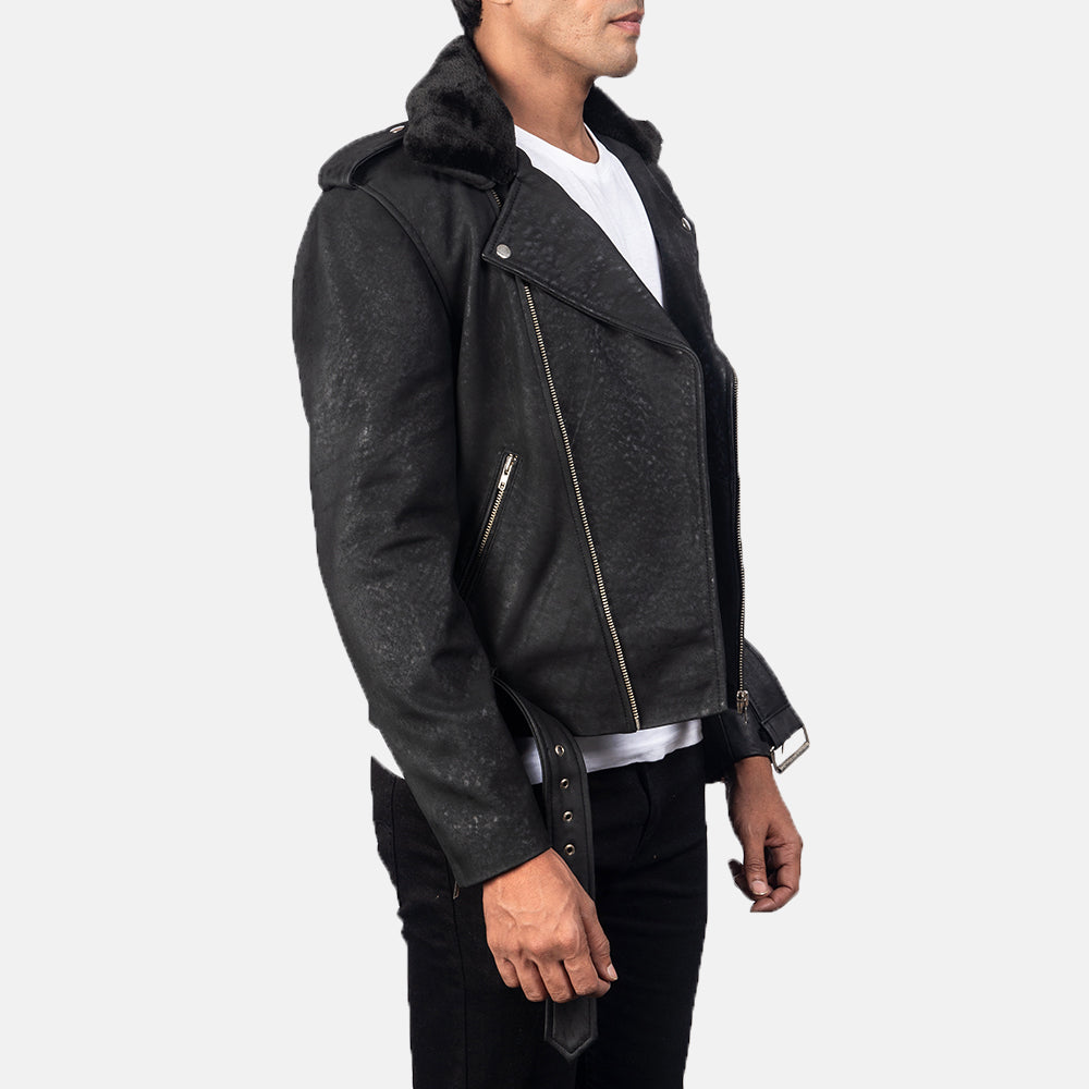 Furton Disressed Black Leather Biker Jacket