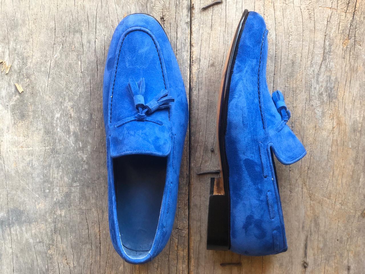 Handmade Men's Blue Suede Tassels Loafer Shoes, Men Designer Dress Formal Shoes