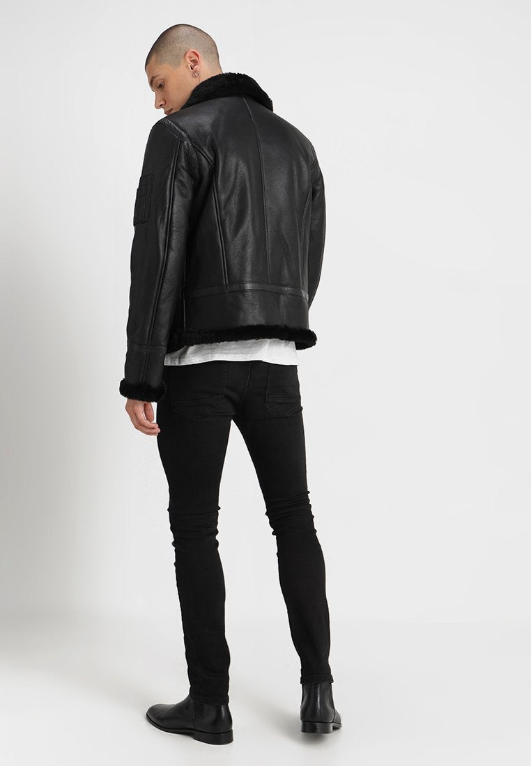 Men’s Aviator Black Leather Shearling Jacket - Kualited