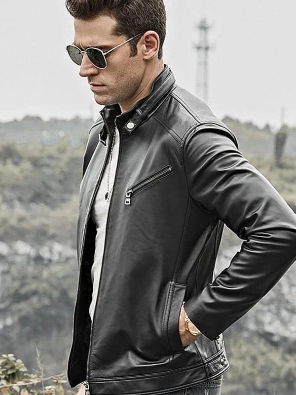 Men’s Black Leather Crew Neck Jacket - Kualited