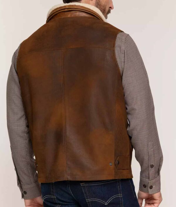 Men’s Brown Leather Vest Removable Shearling Collar - Kualited