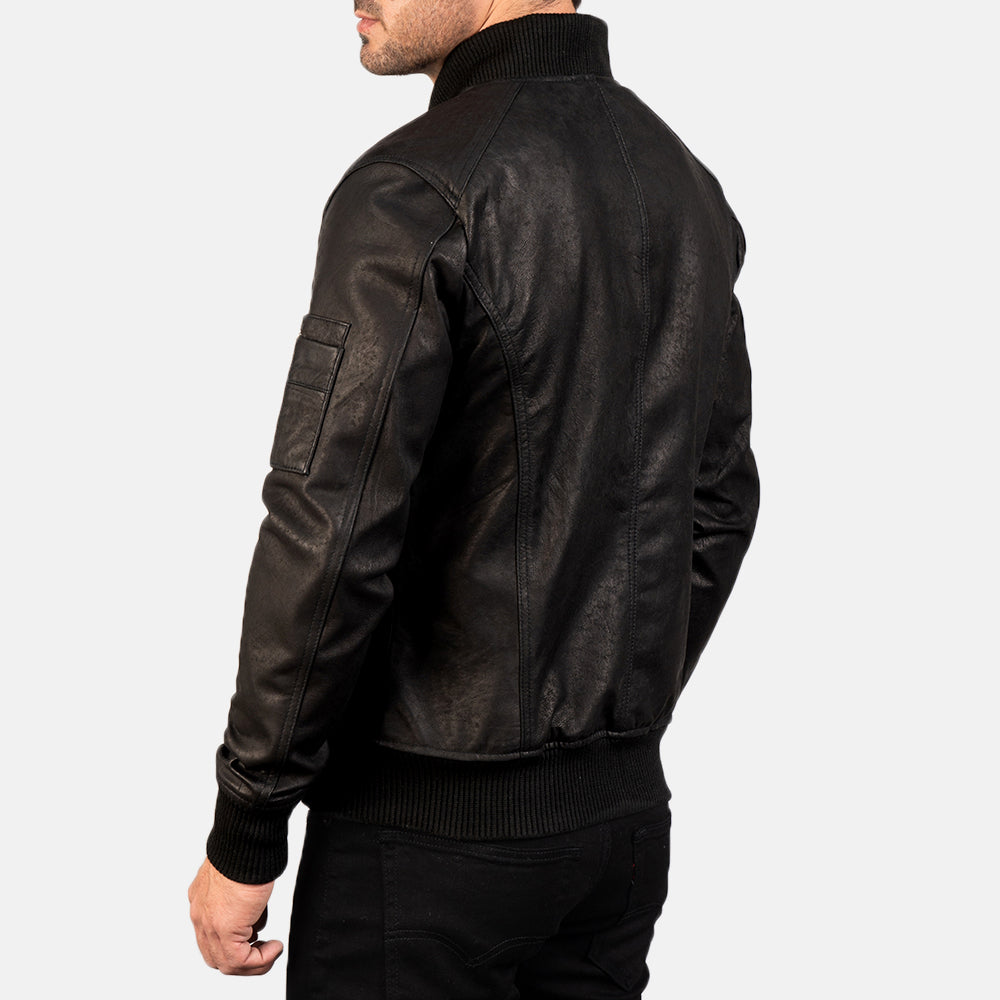 Bomia Ma-1 Distressed Black Leather Bomber Jacket