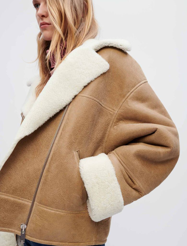 Women's Shearling Biker Leather Jacket In Tan Brown