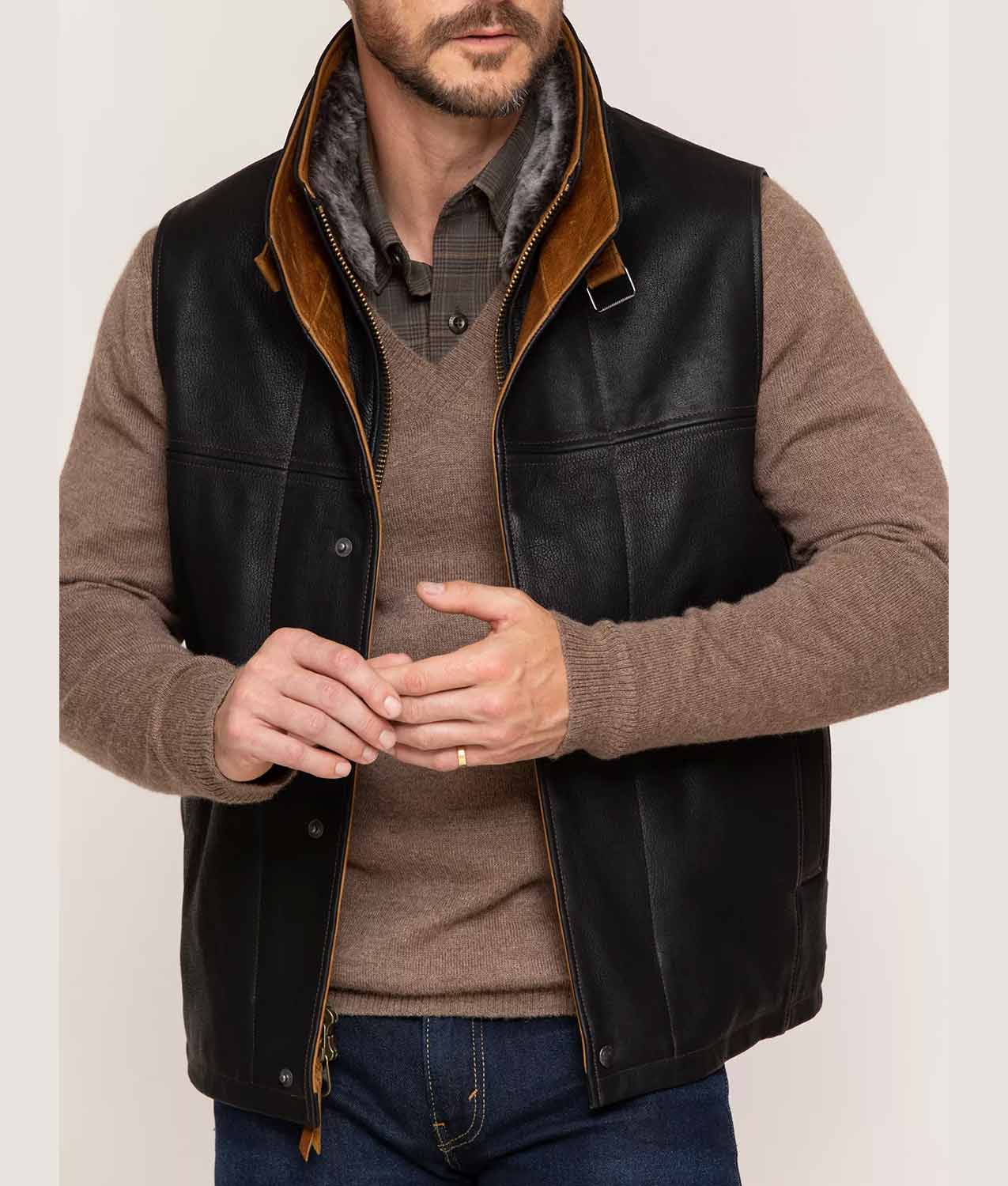 Men’s Black Leather Vest Removable Shearling Collar