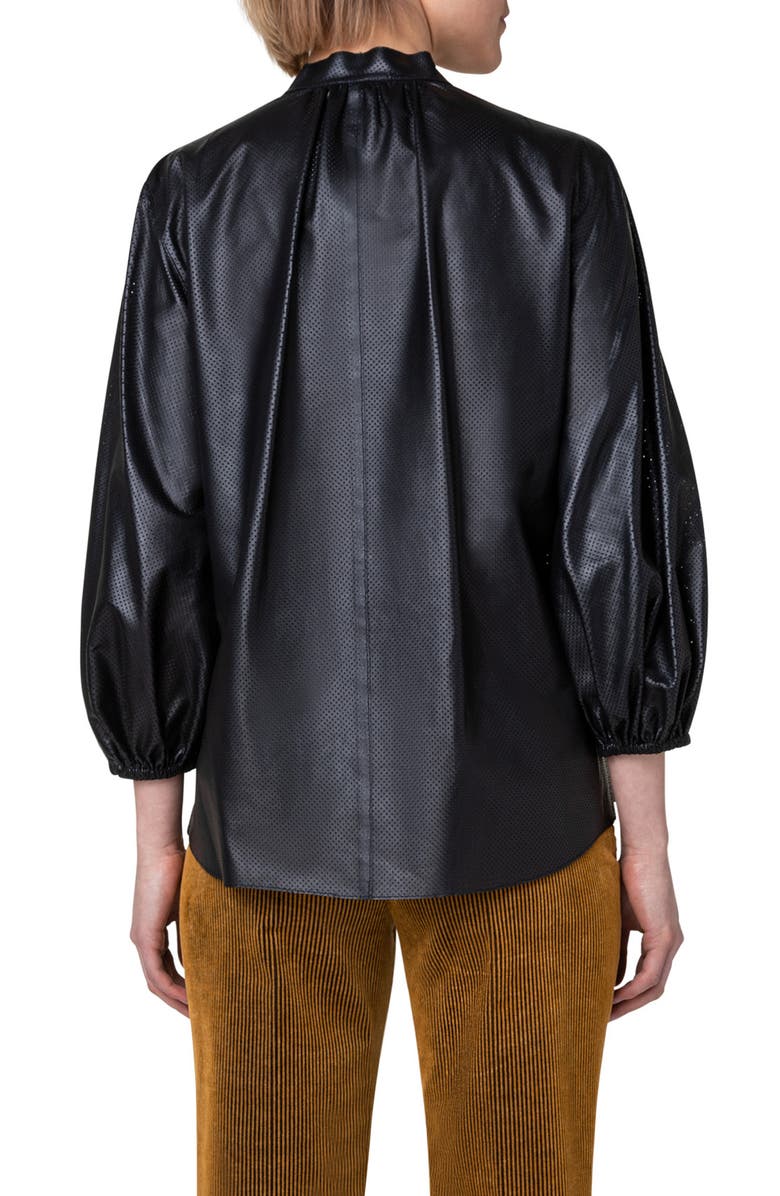 Perforated Bishop Sleeve Lambskin Leather Shirt