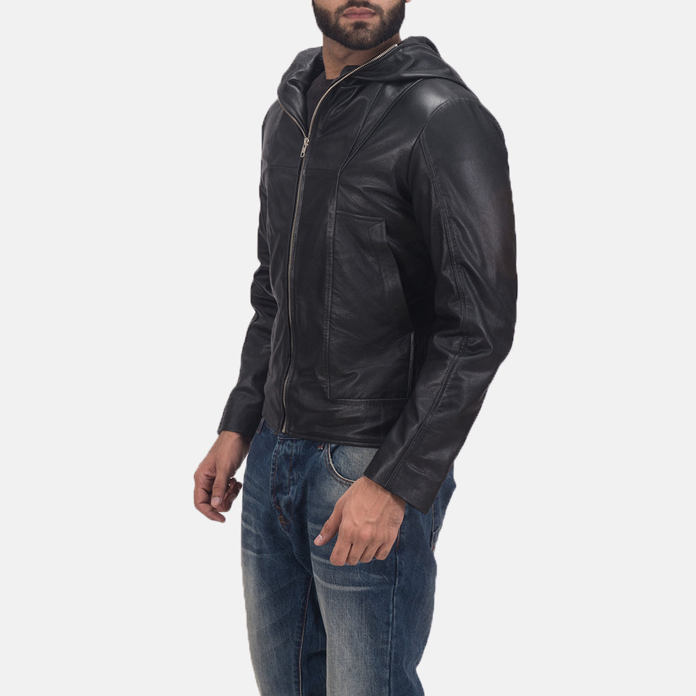 Spratt Black Hooded Leather Jacket - Kualited