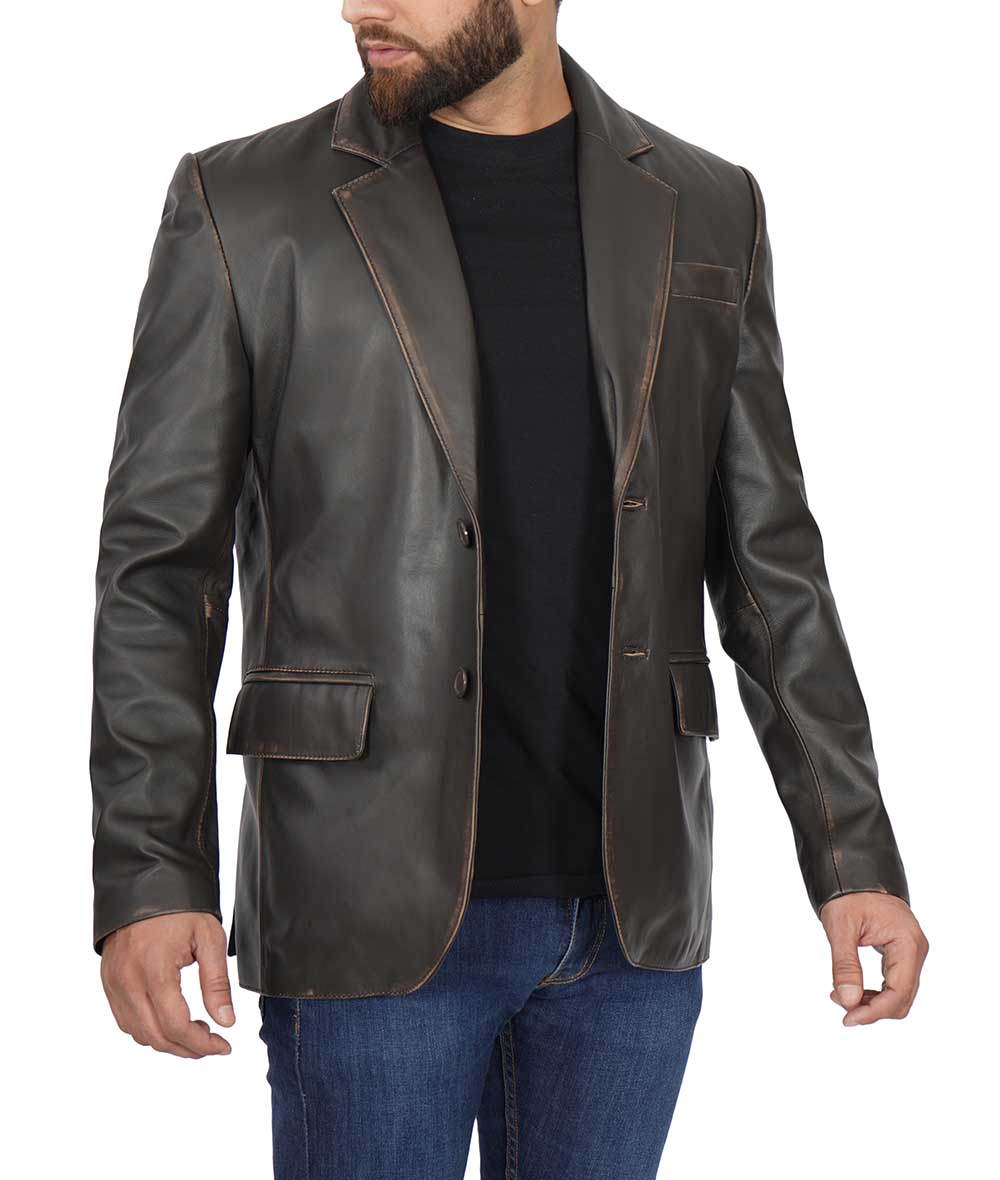 Men’s Dark Brown Two Buttons Leather Blazer Jacket