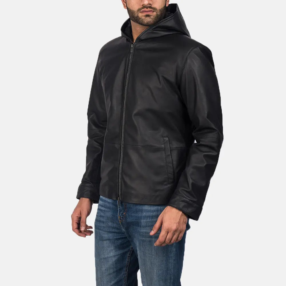 Andy Matte Black Hooded Leather Jacket - Kualited