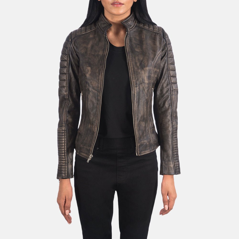 Adalyn Quilted Distressed Brown Leather Biker Jacket - Kualited