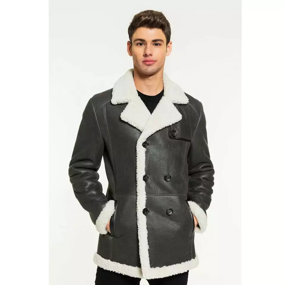 Men’s Black Leather White Shearling Long Coat - Kualited