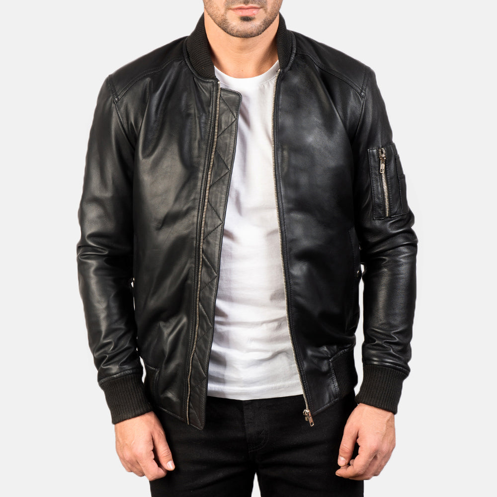 Bomia Ma-1 Black Leather Bomber Jacket - Kualited