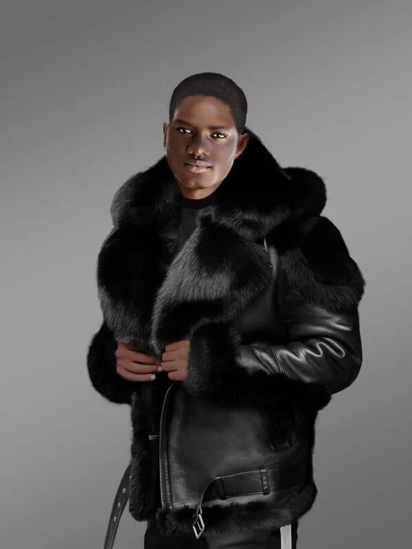 Sheepskin Shearling Jacket with Fox Fur Collar for Men