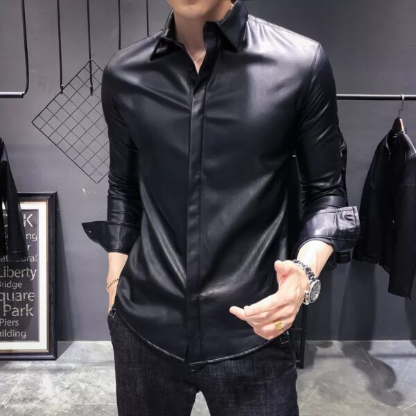 Men’s Black Leather Full Sleeves Slim Fit Shirt