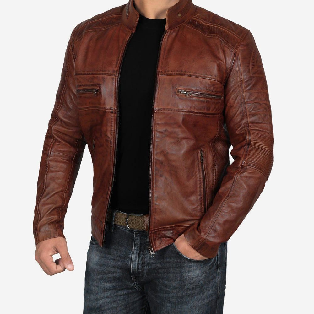 Austin Mens Distressed Brown Leather Cafe Racer Jacket