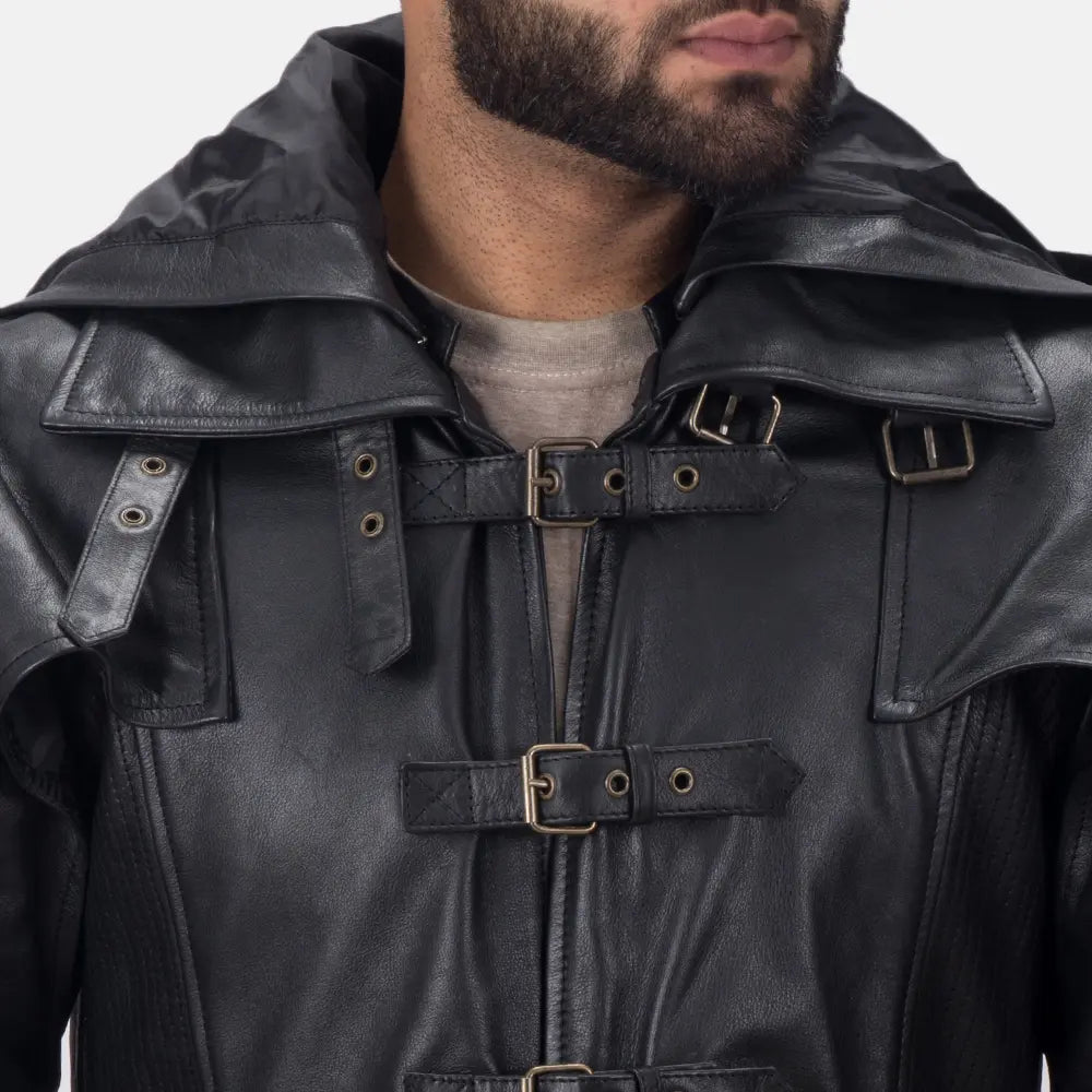 Huntsman Black Hooded Leather Trench Coat