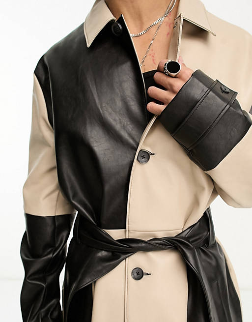 LEATHER LOOK CUT AND SEW TRENCH COAT IN BLACK AND WHITE