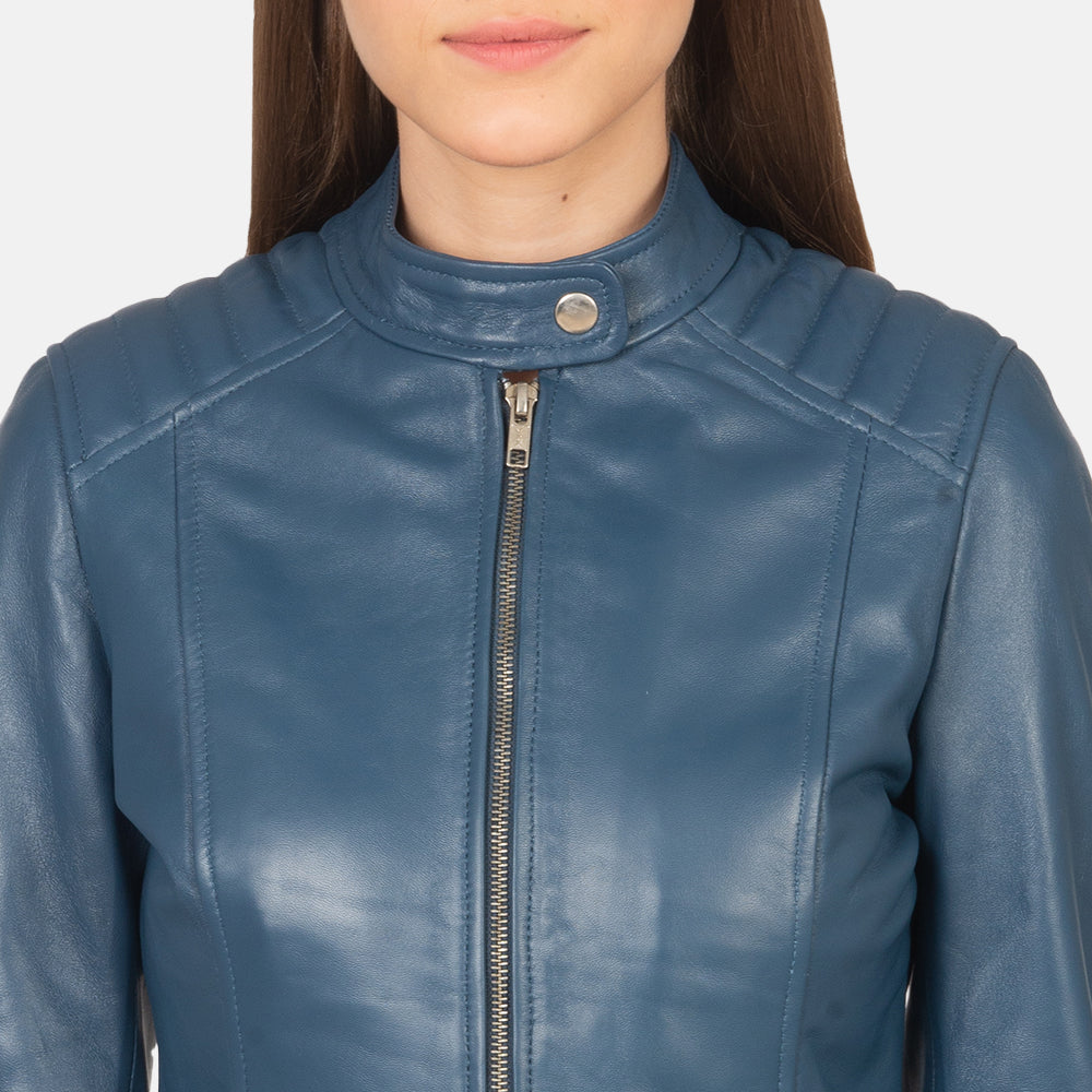 Kelsee Blue Leather Biker Jacket - Kualited