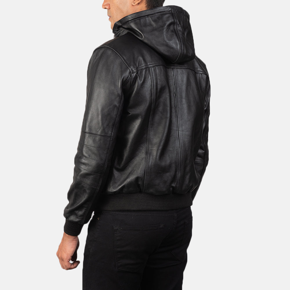 Bouncer Biz Black Leather Bomber Jacket - Kualited