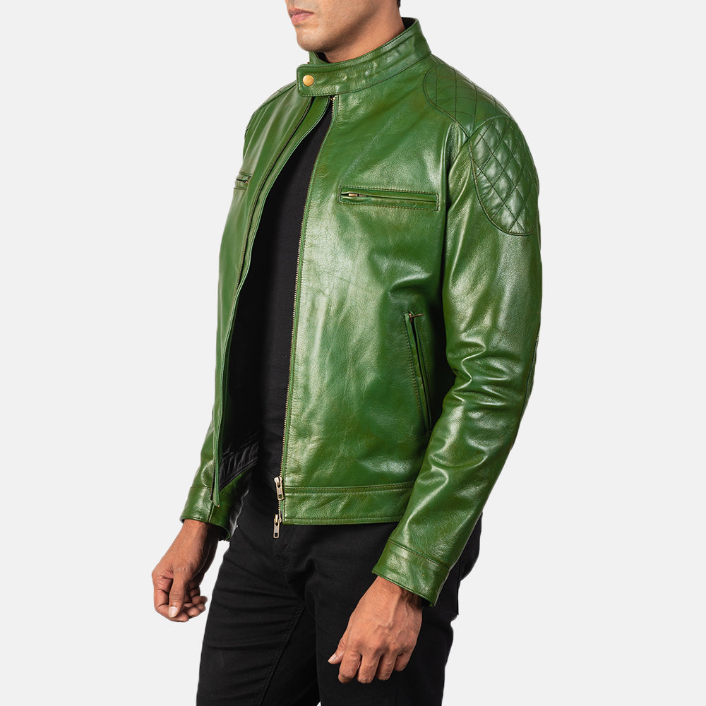 Gatsby Green Leather Biker Jacket - Kualited