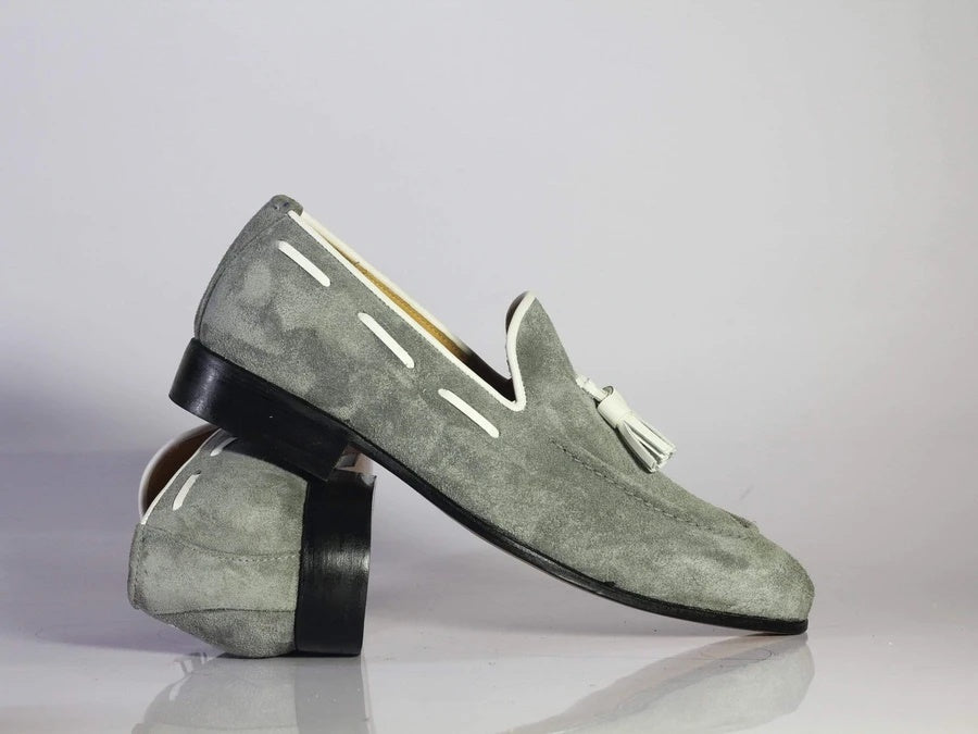 Handmade Men's Gray Suede Tassels Loafer Shoes, Men Designer Dress Formal Shoes