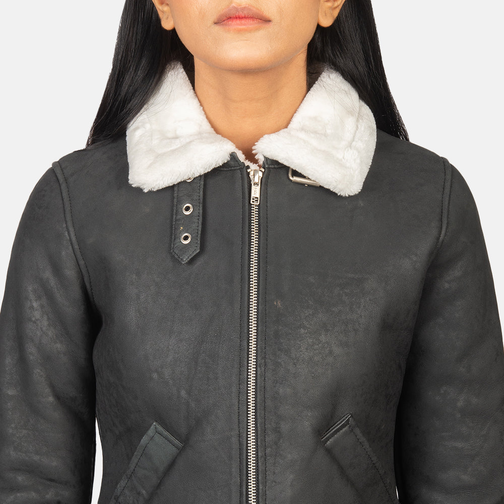 Sherilyn B-3 Black & White Leather Bomber Jacket - Kualited