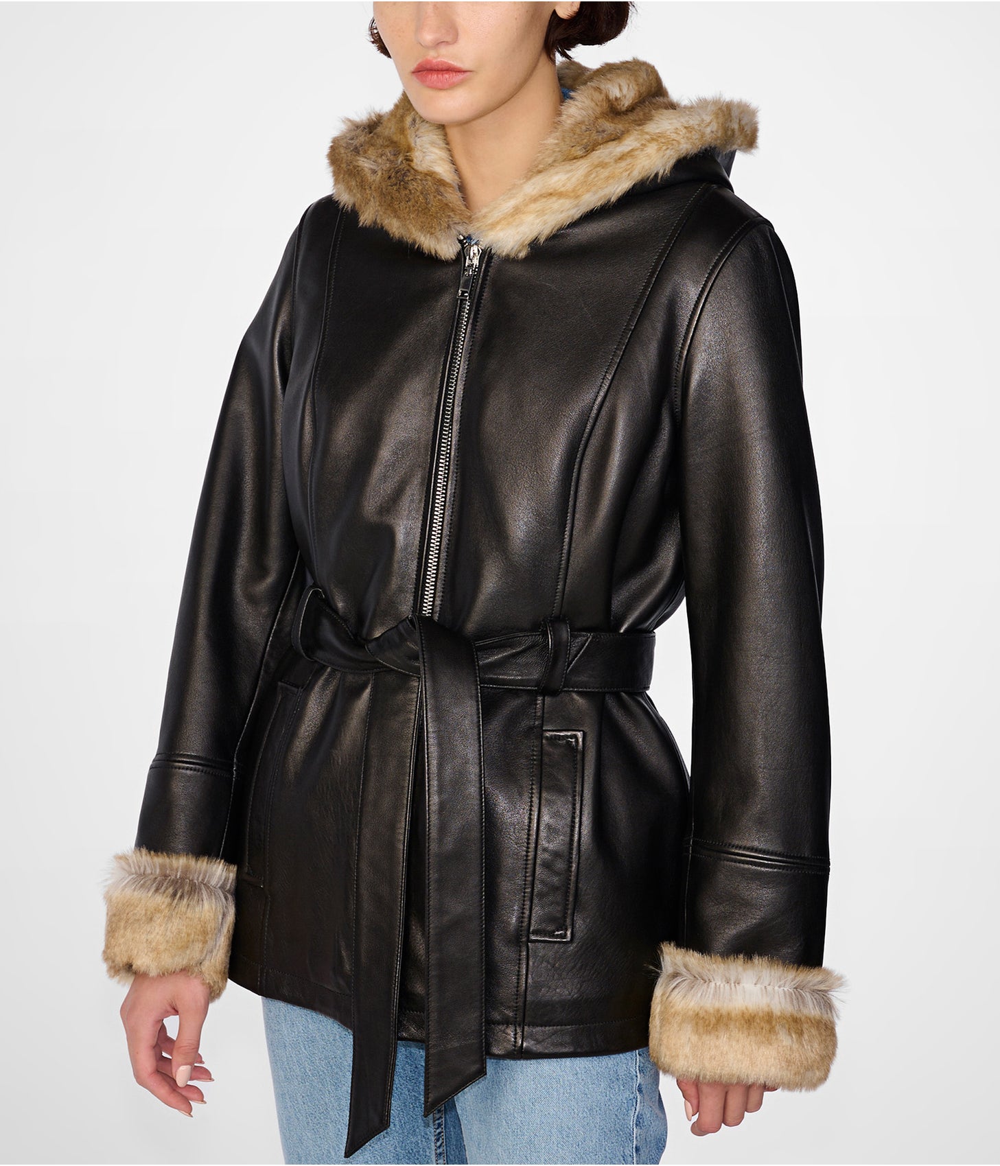 Women's Shearling Leather Jacket In Classic Black