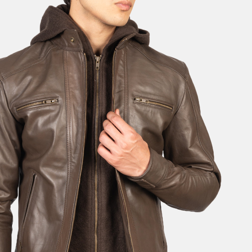 Hector Brown Hooded Leather Biker Jacket - Kualited