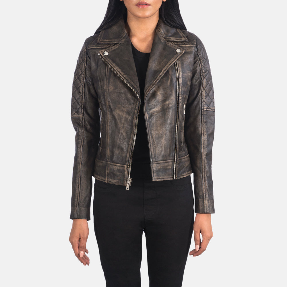 Carolyn Quilted Distressed Brown Biker Jacket