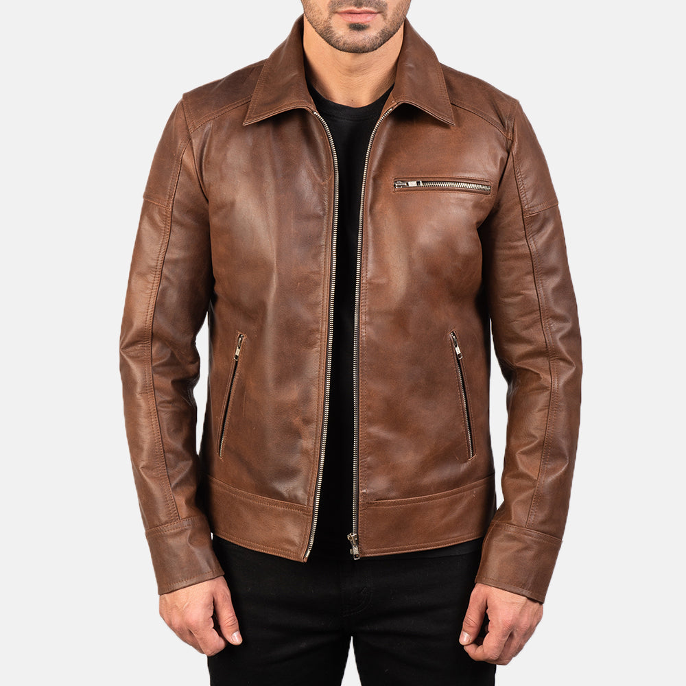 Lavendard Brown Leather Biker Jacket - Kualited