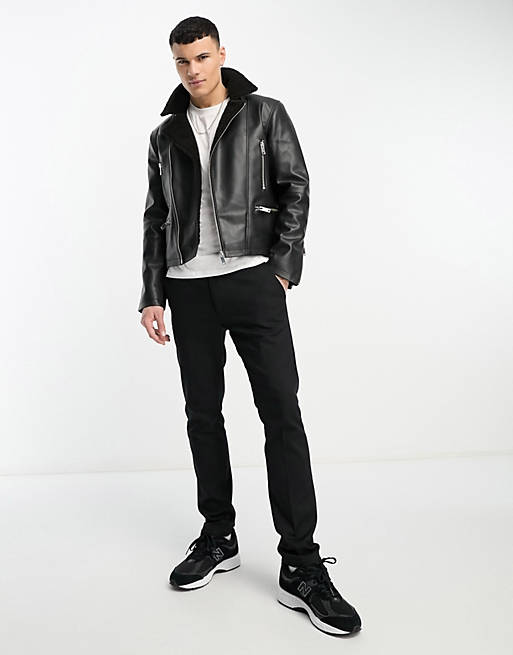 Faux leather shearling biker jacket in black