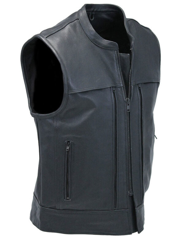 Men’s Black Leather Biker Vest With Hidden Pockets - Kualited