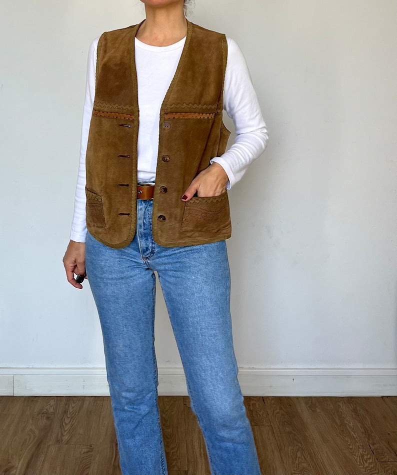 Vintage Woman Brown Leather Vest