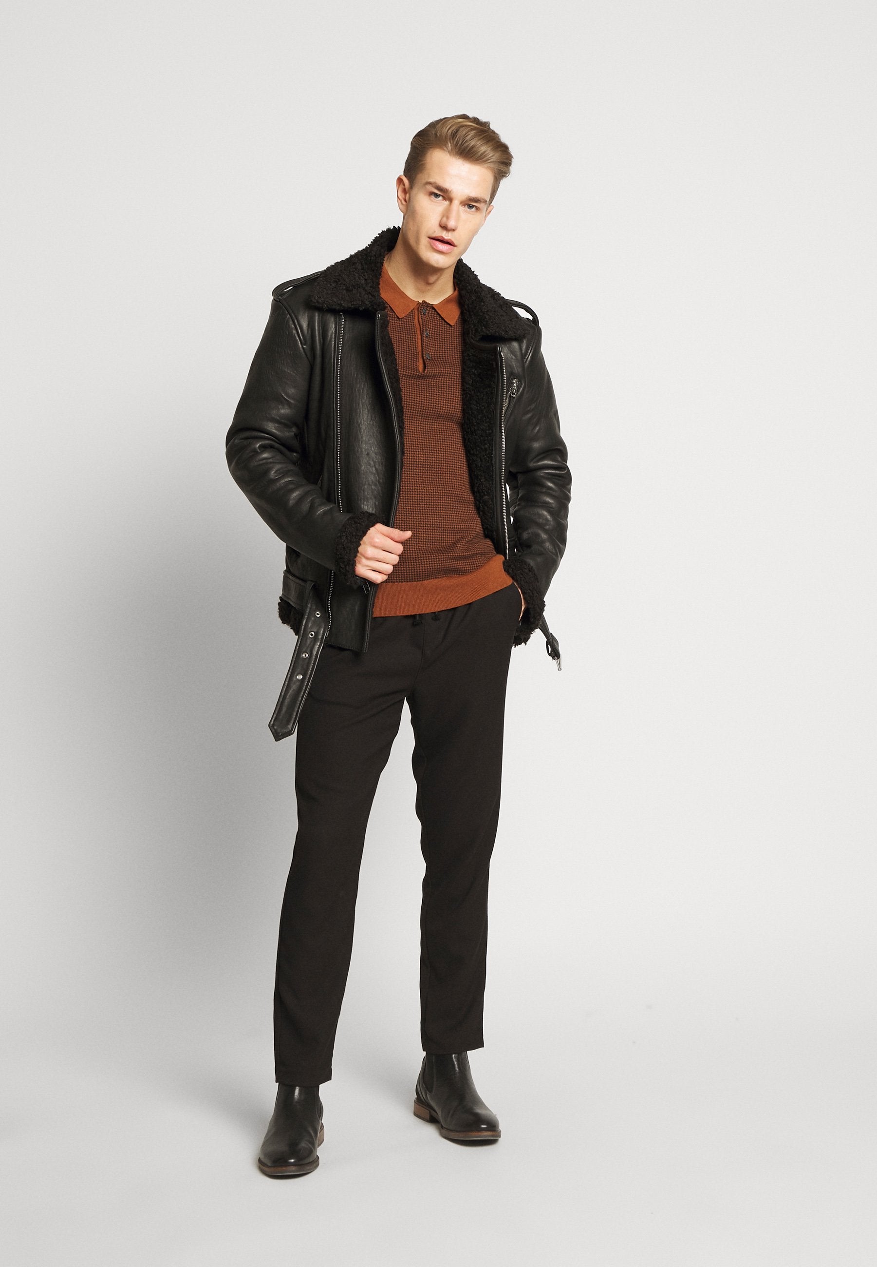 Men’s Black Leather Black Shearling Biker Jacket - Kualited