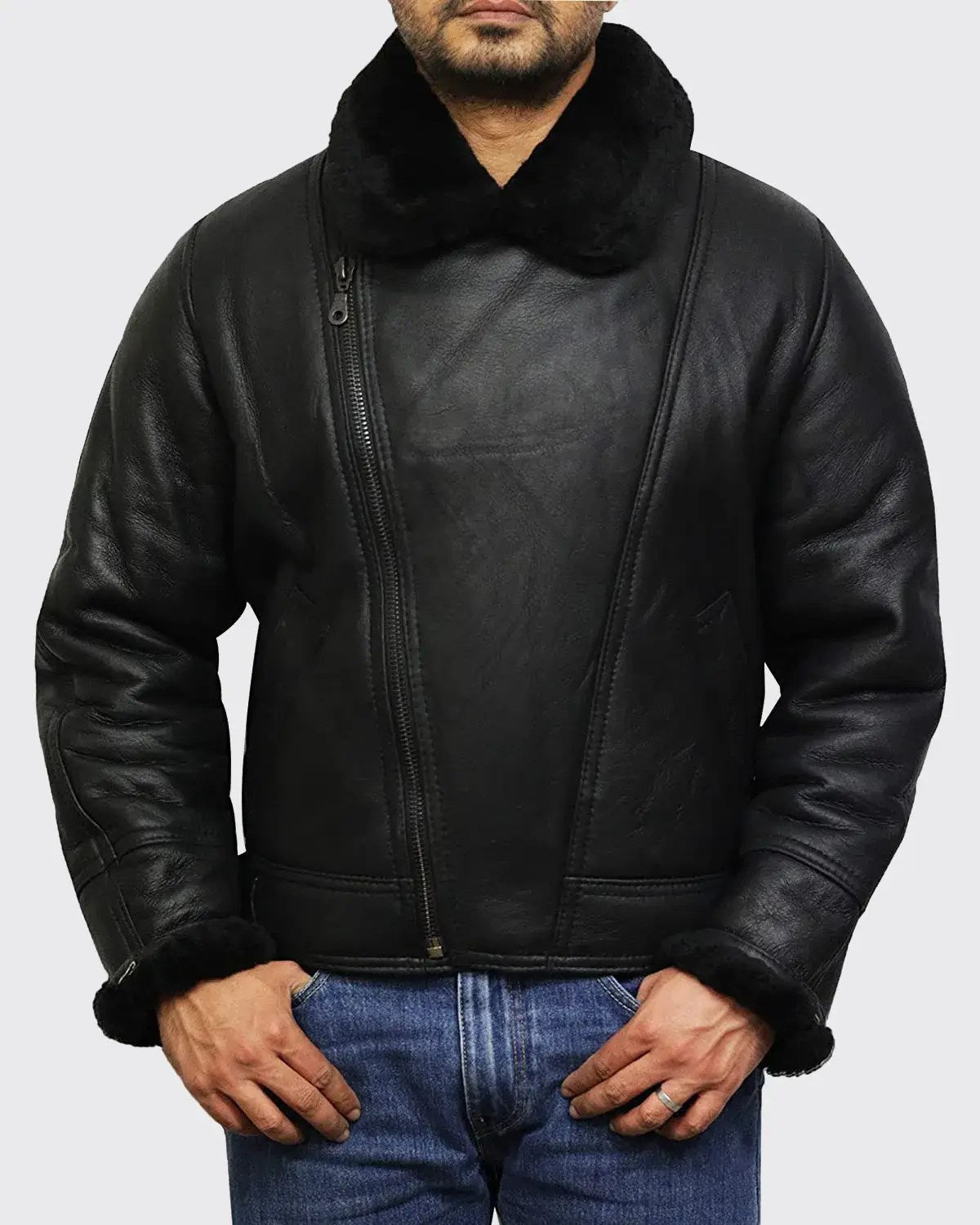 Men’s Black Biker B3 Bomber Sheepskin Shearling Jacket