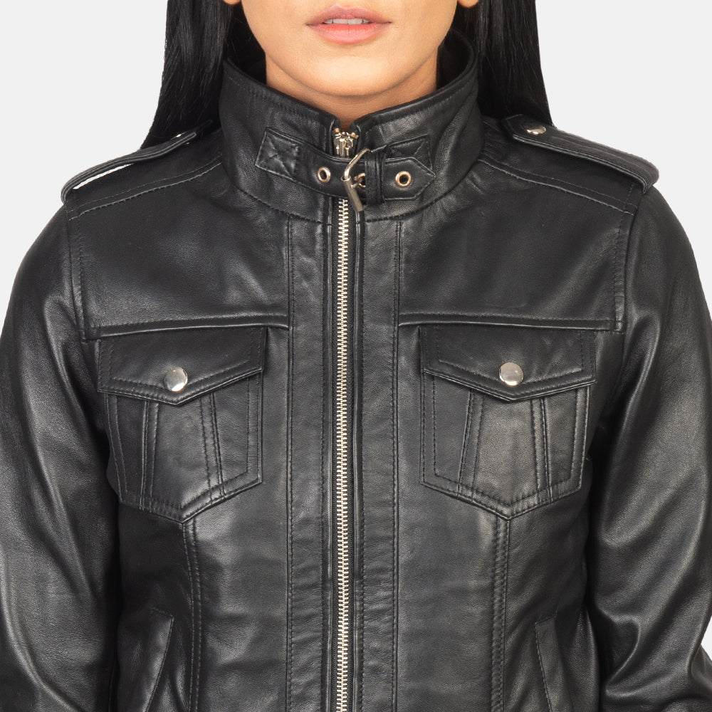 Roslyn Black Hooded Leather Bomber Jacket - Kualited