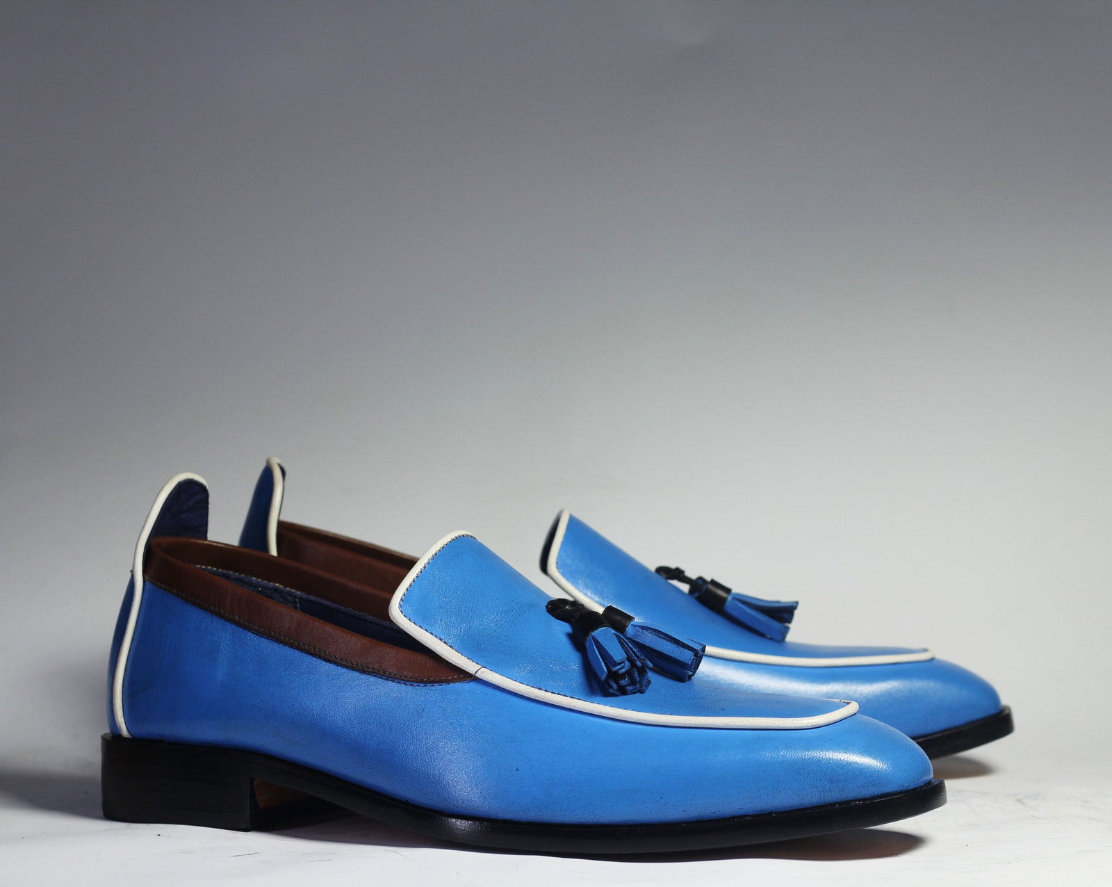 Handmade Men's Blue Leather Tassel Loafer Shoes, Men Designer Fashion Dress Shoe