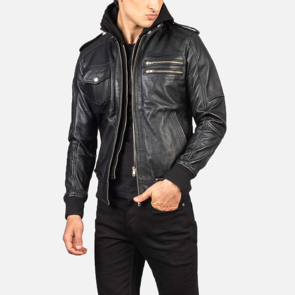 Bravado Black Hooded Leather Bomber Jacket - Kualited