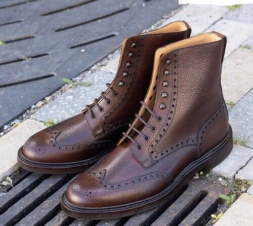 Men's Handmade Brown leather Wingtip Ankle Boots, Dress Formal Boots