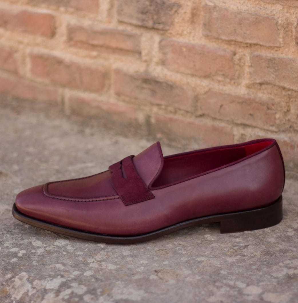 Men's Burgundy Color Moccasin Loafer Slip On Rounded Toe Vintage Leather Shoes