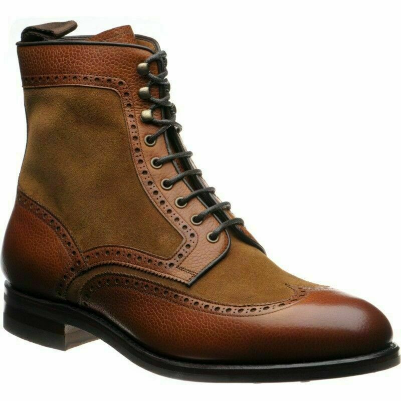 Mens Handmade Brown Suede & Leather Ankle High Lace Up Wingtip Boot