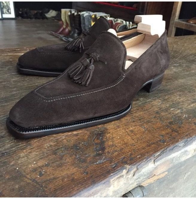 Handmade Men Brown Formal Shoes, Brown Suede Leather Tassels Shoes