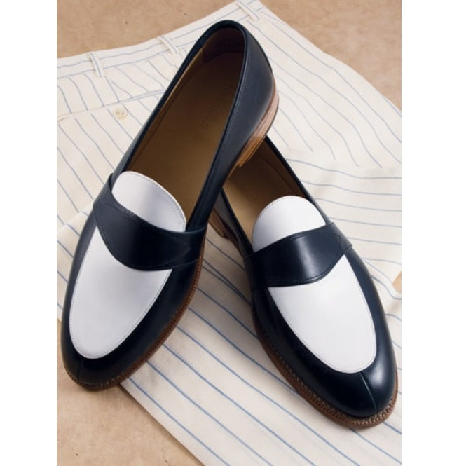 Handmade Men Black And White Leather Shoes, Slip Ons, Formal Shoes