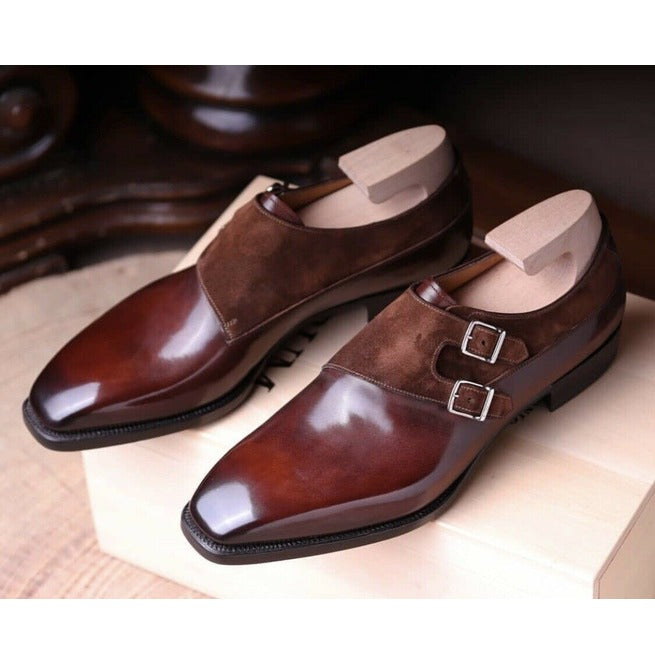 Handmade Burgundy Shade Leather & Brown Suede Leather Strap Shoes for Men’s