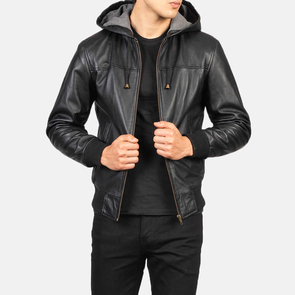 Nintenzo Black Hooded Leather Bomber Jacket - Kualited