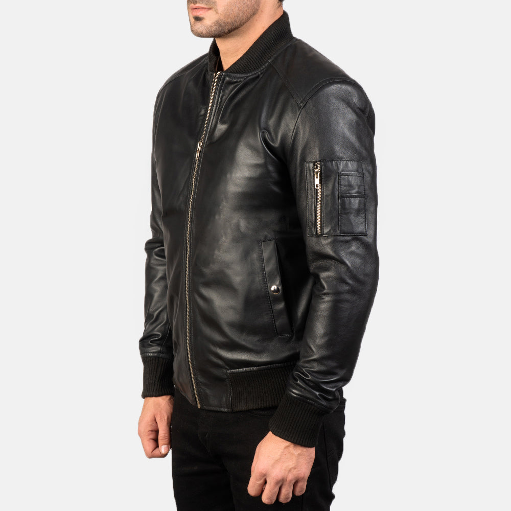 Bomia Ma-1 Black Leather Bomber Jacket - Kualited