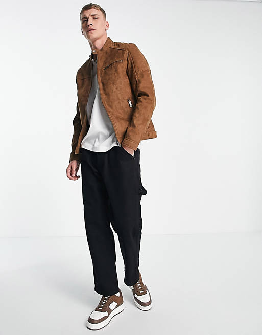 Essentials biker jacket in faux suede tan