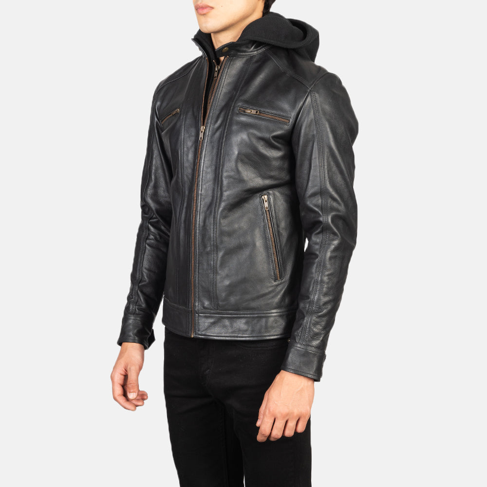 Hector Black Hooded Leather Biker Jacket - Kualited